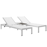 Modway Shore Aluminum Textilene® Mesh Outdoor Patio 3-Piece Poolside Chaise Lounge Chair and Side End Table Set in Silver White