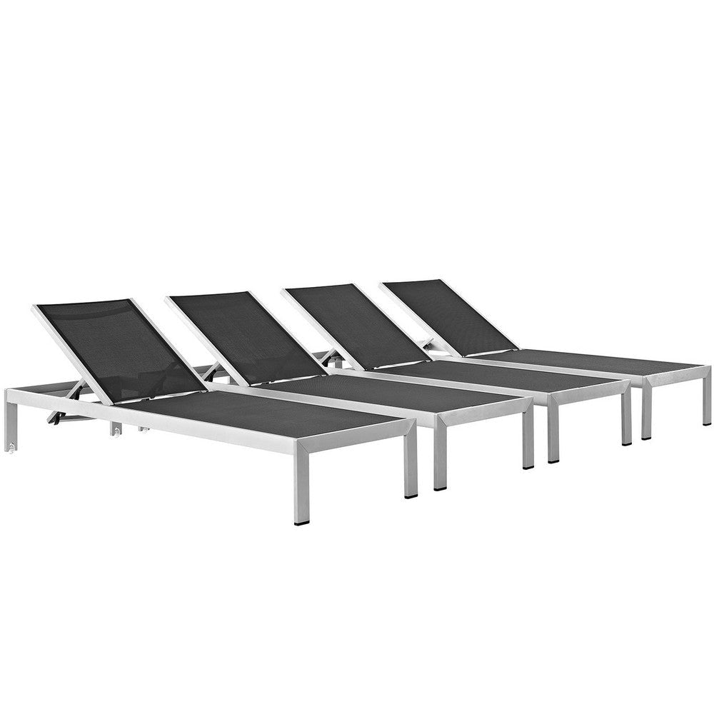 Modway Shore Aluminum TextileneÂ® Mesh Outdoor Patio Four Poolside Chaise Lounge Chairs in Silver Black