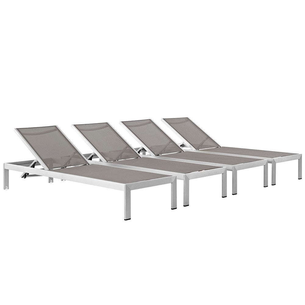 Modway Shore Aluminum Textilene® Mesh Outdoor Patio Four Poolside Chaise Lounge Chairs in Silver Gray