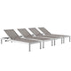 Modway Shore Aluminum Textilene® Mesh Outdoor Patio Four Poolside Chaise Lounge Chairs in Silver Gray
