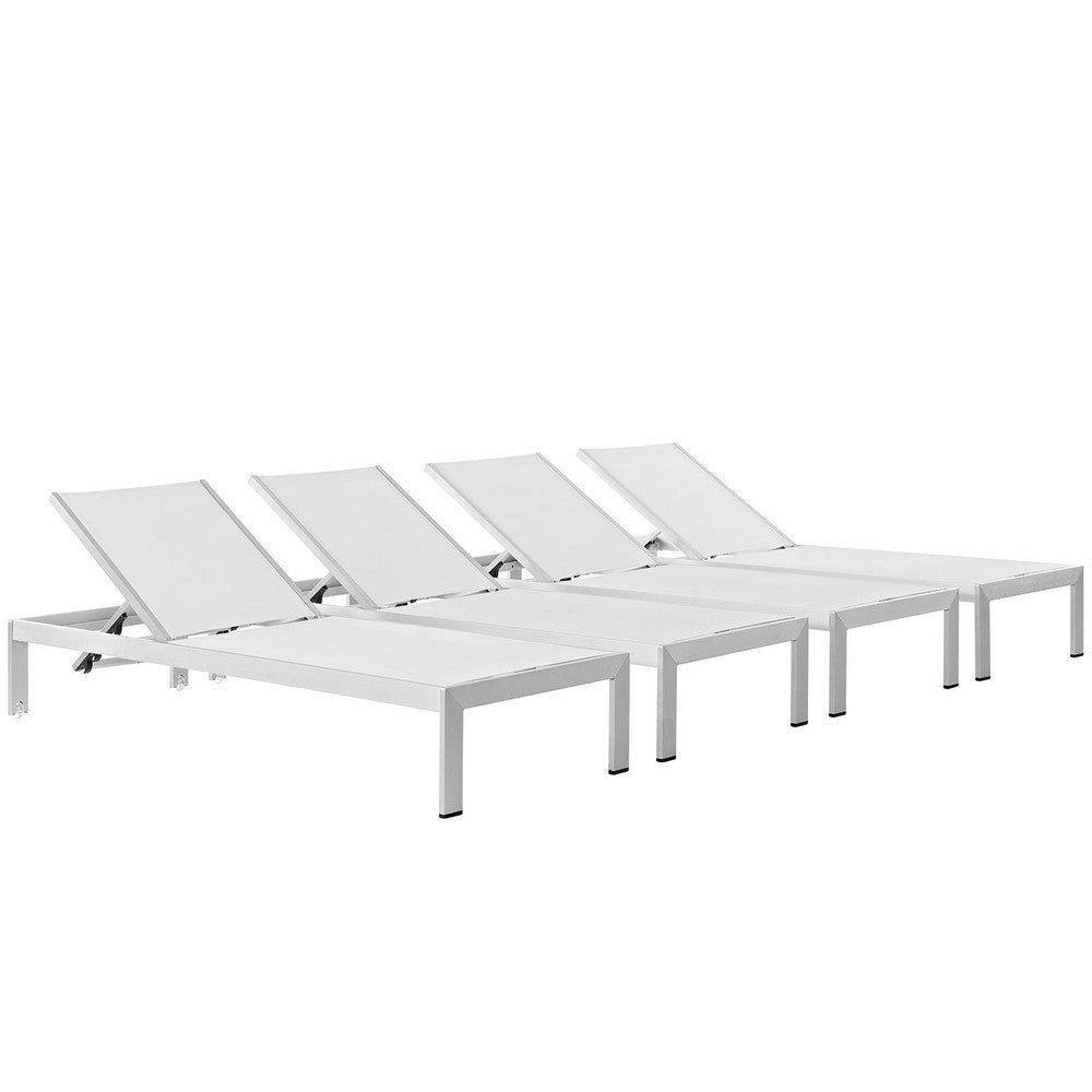 Modway Shore Aluminum TextileneÂ® Mesh Outdoor Patio Four Poolside Chaise Lounge Chairs in Silver White