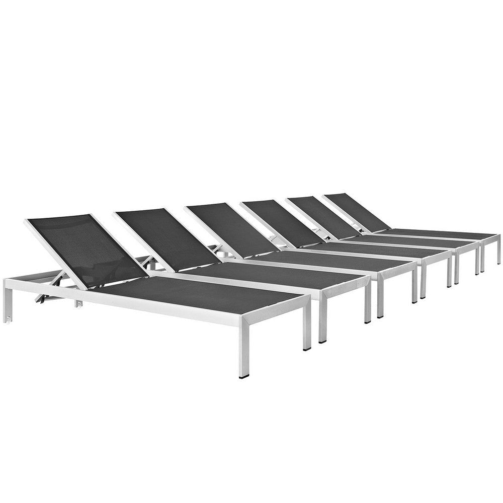 Modway Shore Aluminum TextileneÂ® Mesh Outdoor Patio Six Poolside Chaise Lounge Chairs in Silver Black