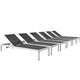 Modway Shore Aluminum Textilene® Mesh Outdoor Patio Six Poolside Chaise Lounge Chairs in Silver Black