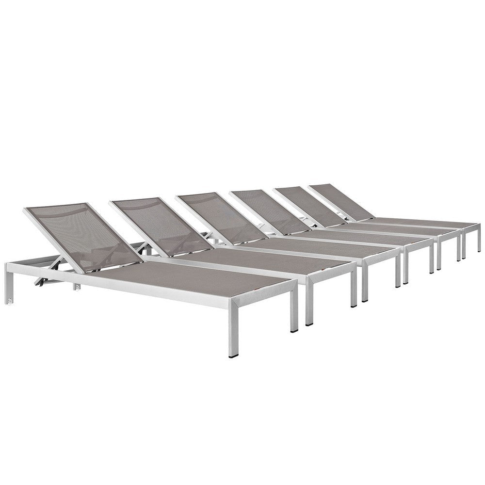 Modway Shore Aluminum TextileneÂ® Mesh Outdoor Patio Six Poolside Chaise Lounge Chairs in Silver Gray