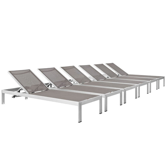 Modway Shore Aluminum Textilene® Mesh Outdoor Patio Six Poolside Chaise Lounge Chairs in Silver Gray