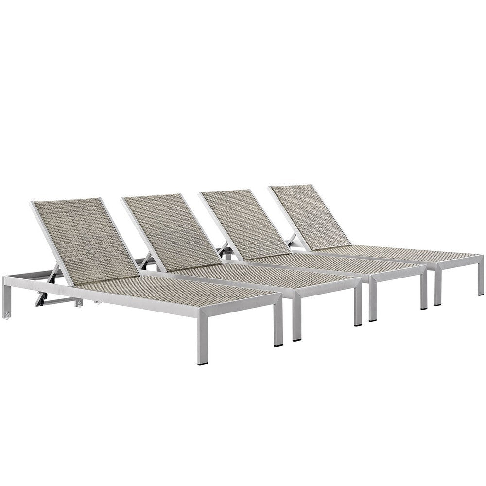 Modway Shore Aluminum Wicker Rattan Outdoor Patio Four Poolside Chaise Lounge Chairs in Silver Gray