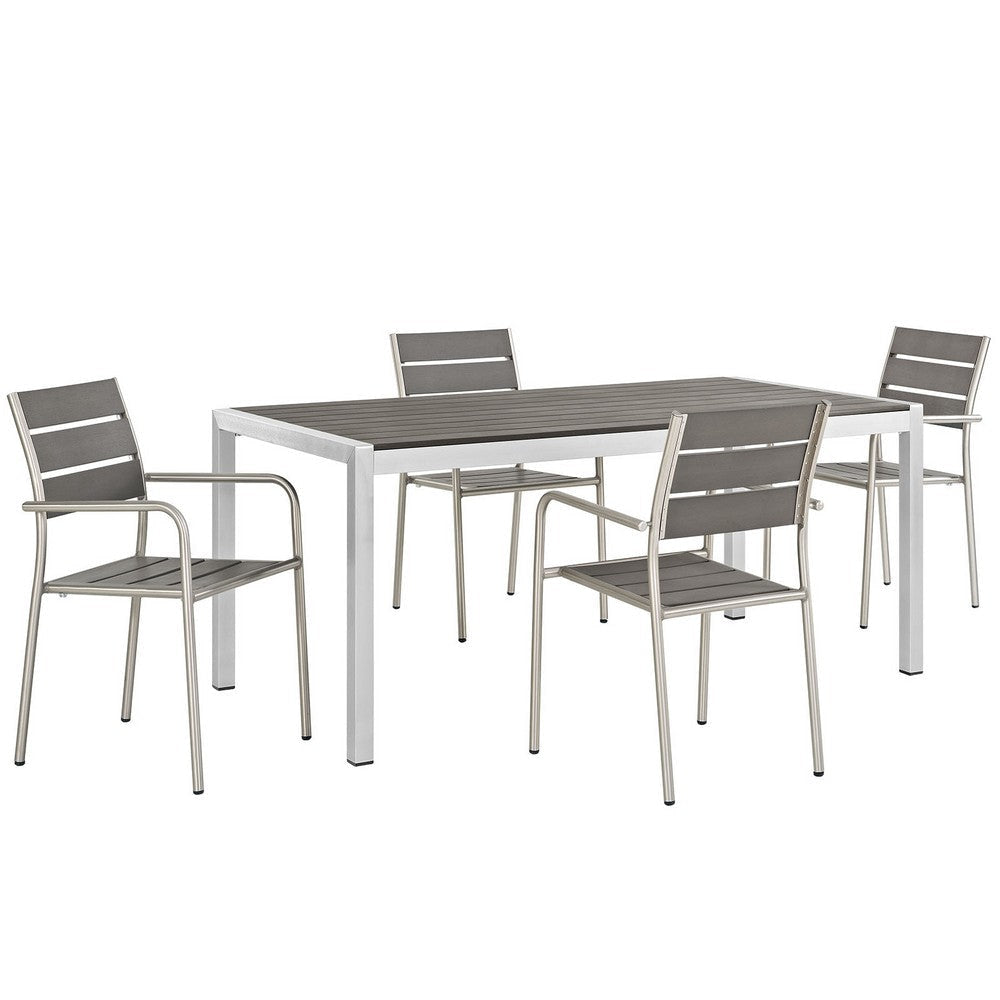 Modway Shore 5-Piece Aluminum Outdoor Patio Dining Table Set in Silver Gray