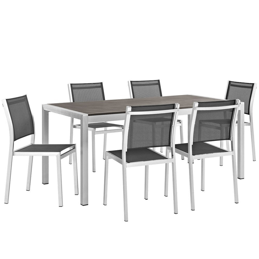 Modway Shore 7-Piece Aluminum Outdoor Patio Dining Table Set in Silver Black