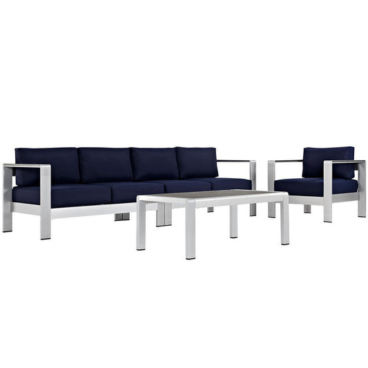 Modway Shore 4-Piece Aluminum Outdoor Patio Sectional Sofa Set in Silver Navy