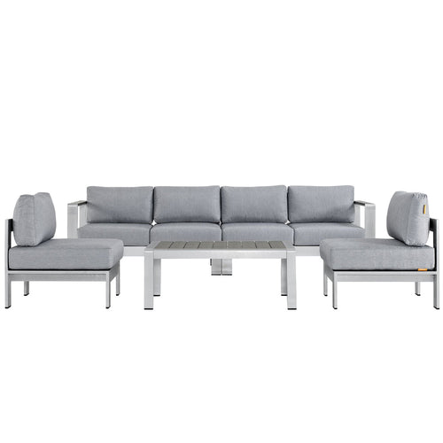 Modway Shore 5-Piece Aluminum Outdoor Patio Sectional Sofa Set in Silver Gray