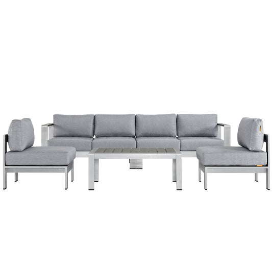 Modway Shore 5-Piece Aluminum Outdoor Patio Sectional Sofa Set in Silver Gray