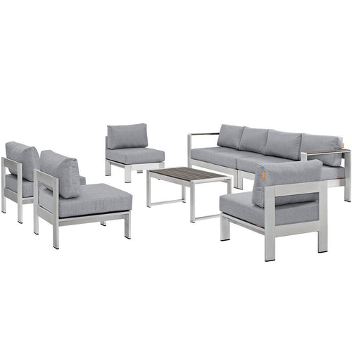 Modway Shore 7-Piece Aluminum Outdoor Patio Sectional Sofa Set in Silver Gray