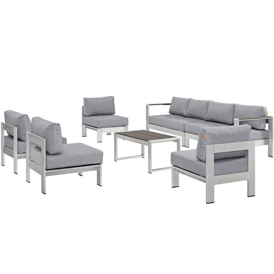 Modway Shore 7-Piece Aluminum Outdoor Patio Sectional Sofa Set in Silver Gray