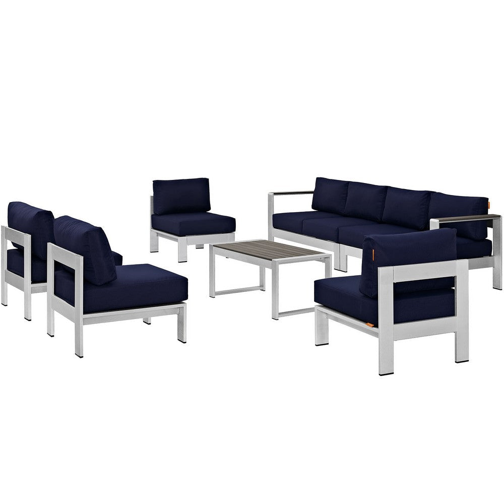 Modway Shore 7-Piece Aluminum Outdoor Patio Sectional Sofa Set in Silver Navy