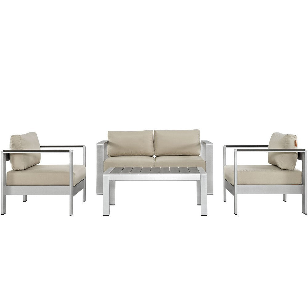 Modway Shore 4-Piece Aluminum Outdoor Patio Furniture Set in Silver Beige