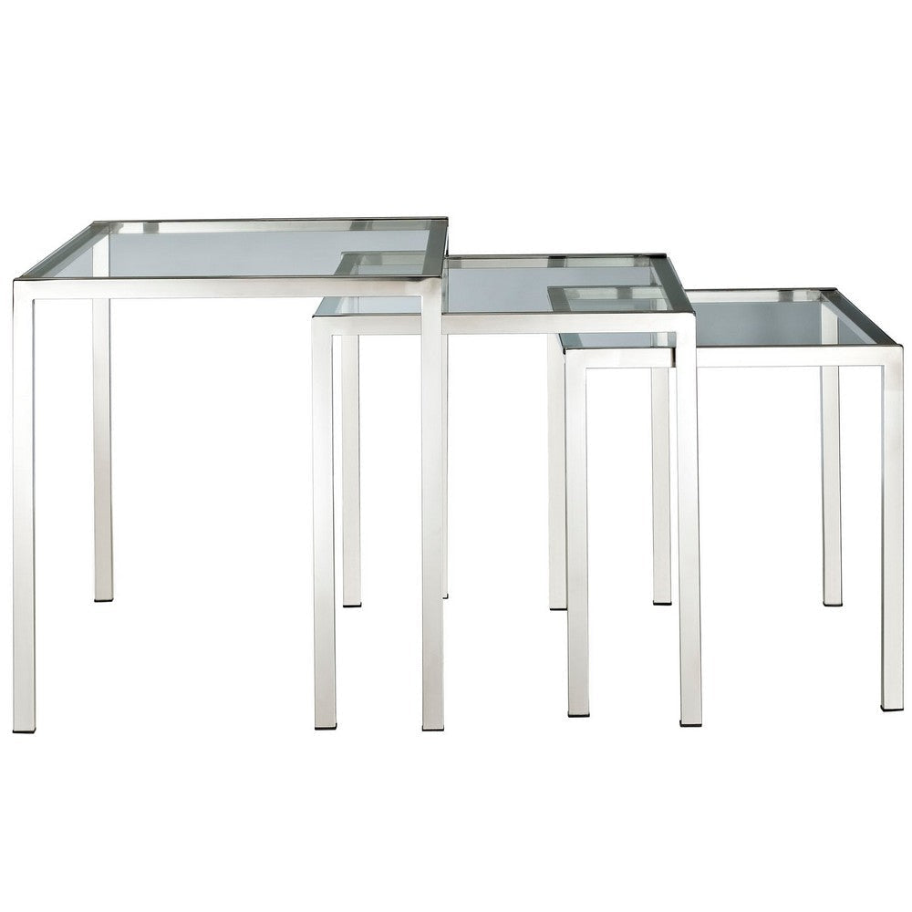 Modway Nimble Glass and Stainless Steel 3-Piece Side Nesting Table Set In Silver MDY-EEI-257