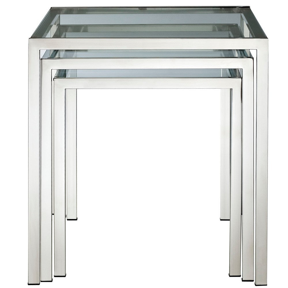 Modway Nimble Glass and Stainless Steel 3-Piece Side Nesting Table Set In Silver MDY-EEI-257