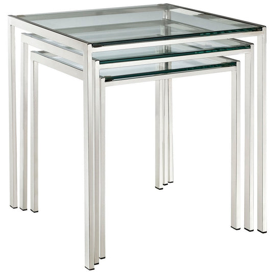 Modway Nimble Glass and Stainless Steel 3-Piece Side Nesting Table Set In Silver