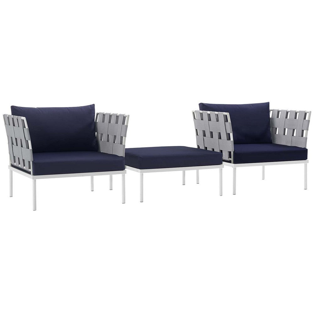 Harmony 3 Piece Outdoor Patio Aluminum Sectional Sofa Set by Modway| White Navy