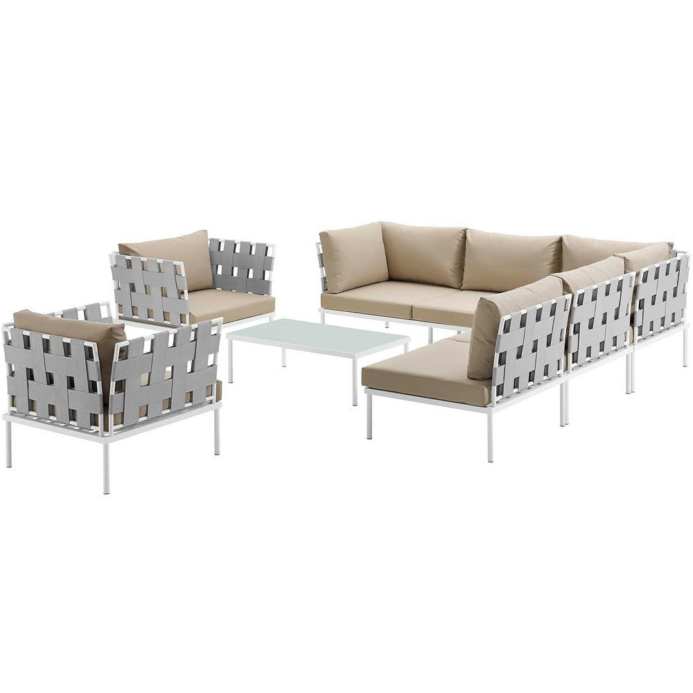 Modway Harmony 8-Piece Aluminum Outdoor Patio Furniture Sectional Sofa Set with Cushions in White Beige MDY-EEI-2619-WHI-BEI-SET