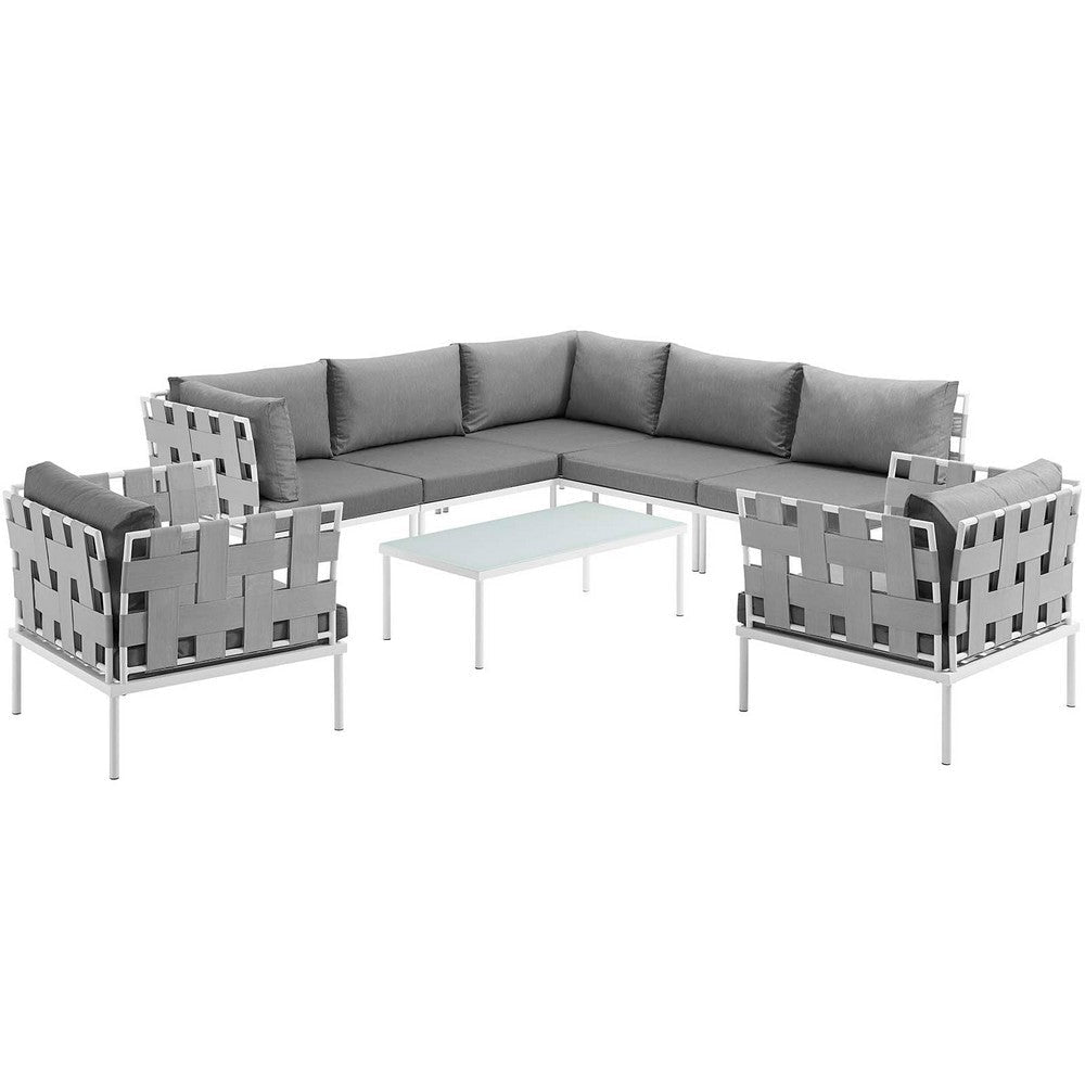 Modway Harmony 8-Piece Aluminum Outdoor Patio Furniture Sectional Sofa Set with Cushions in White Gray