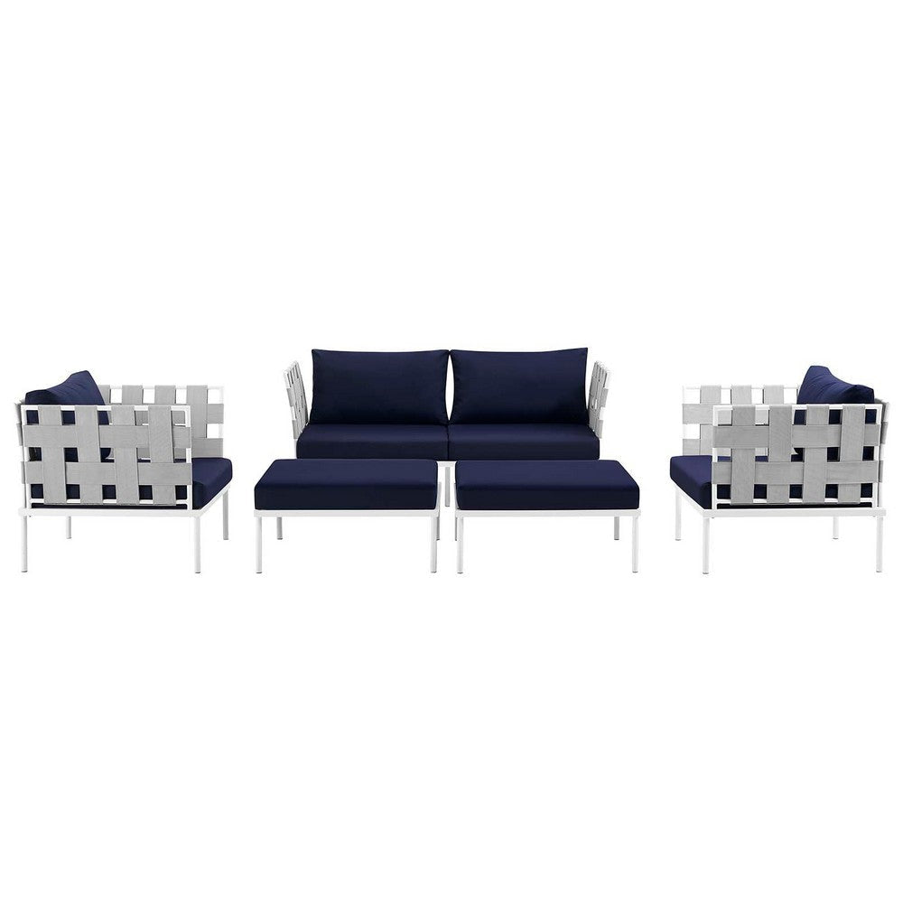 Modway Harmony Aluminum Outdoor Patio Furniture 5-Piece Sectional Sofa Set in White Navy MDY-EEI-2621-WHI-NAV-SET