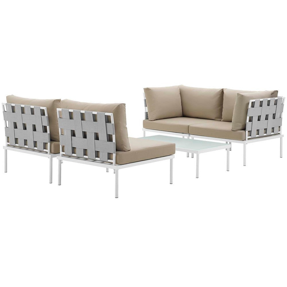 Modway Harmony 5-Piece Aluminum Outdoor Patio Furniture Sectional Sofa Set with Cushions in White Beige MDY-EEI-2622-WHI-BEI-SET