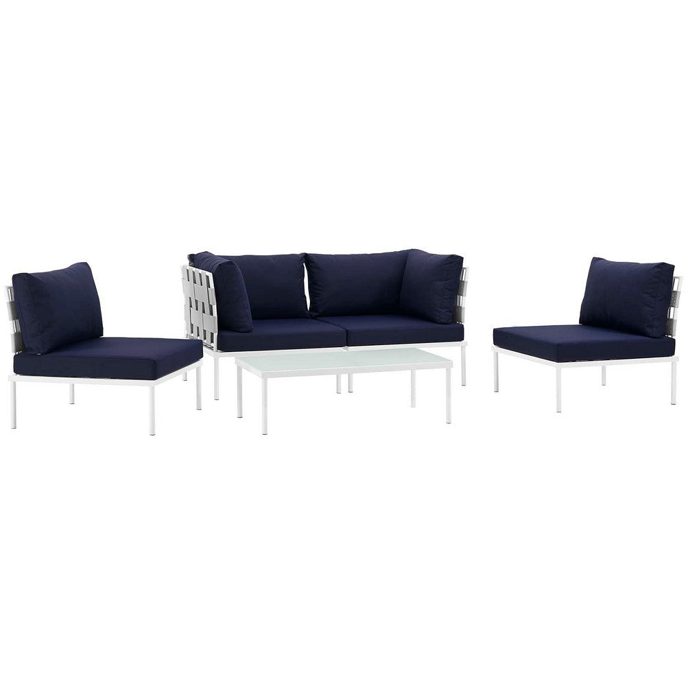 Modway Harmony 5-Piece Aluminum Outdoor Patio Furniture Sectional Sofa Set with Cushions in White Navy