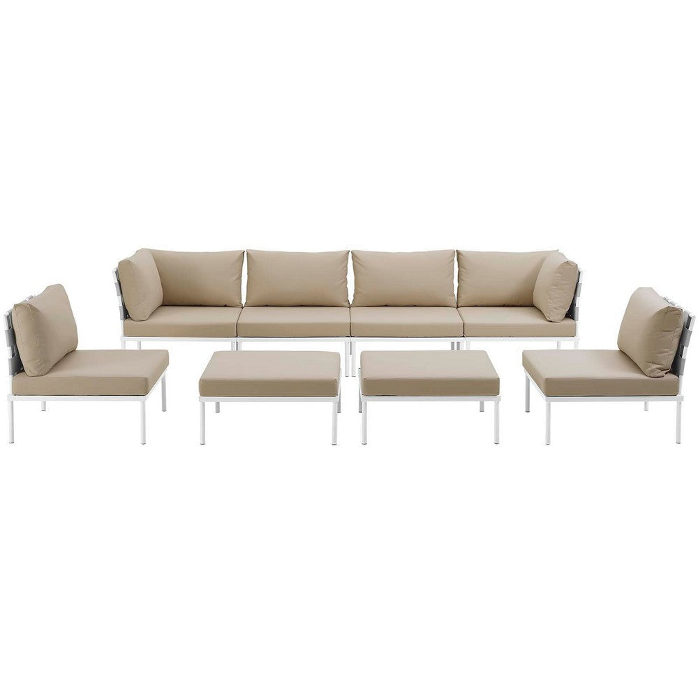 Modway Harmony Aluminum Outdoor Patio Furniture 8-Piece Sectional Sofa Set in White Beige MDY-EEI-2624-WHI-BEI-SET