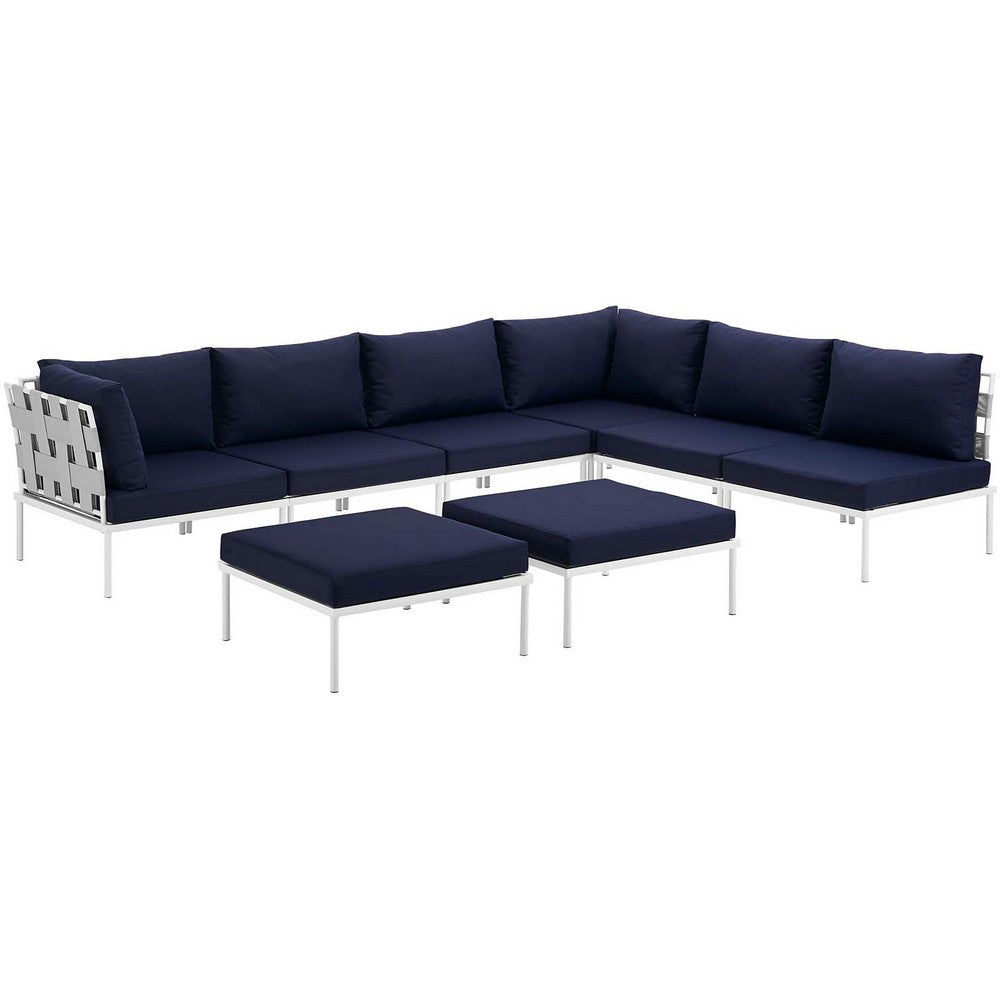 Harmony 8 Piece Outdoor Patio Aluminum Sectional Sofa Set by Modway| White Navy
