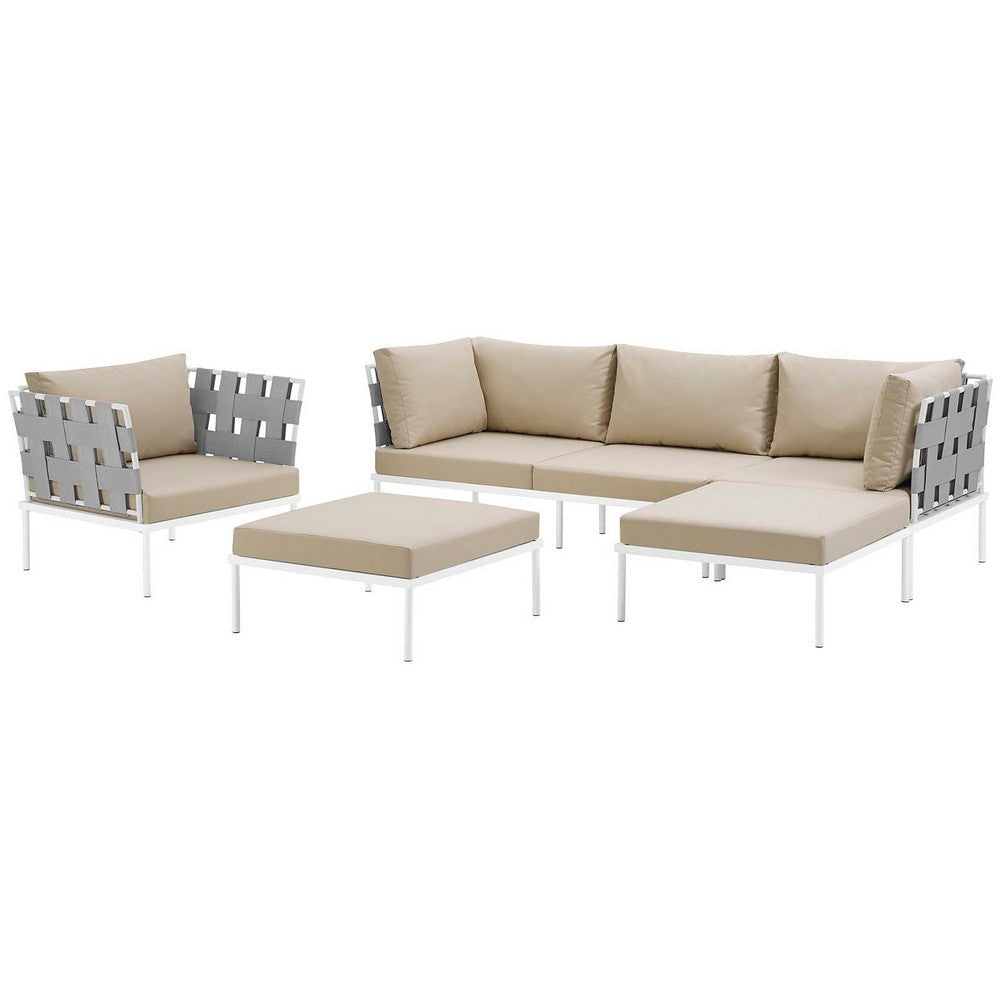 Modway Harmony Aluminum Outdoor Patio Furniture 6-Piece Sectional Sofa Set in White Beige MDY-EEI-2626-WHI-BEI-SET