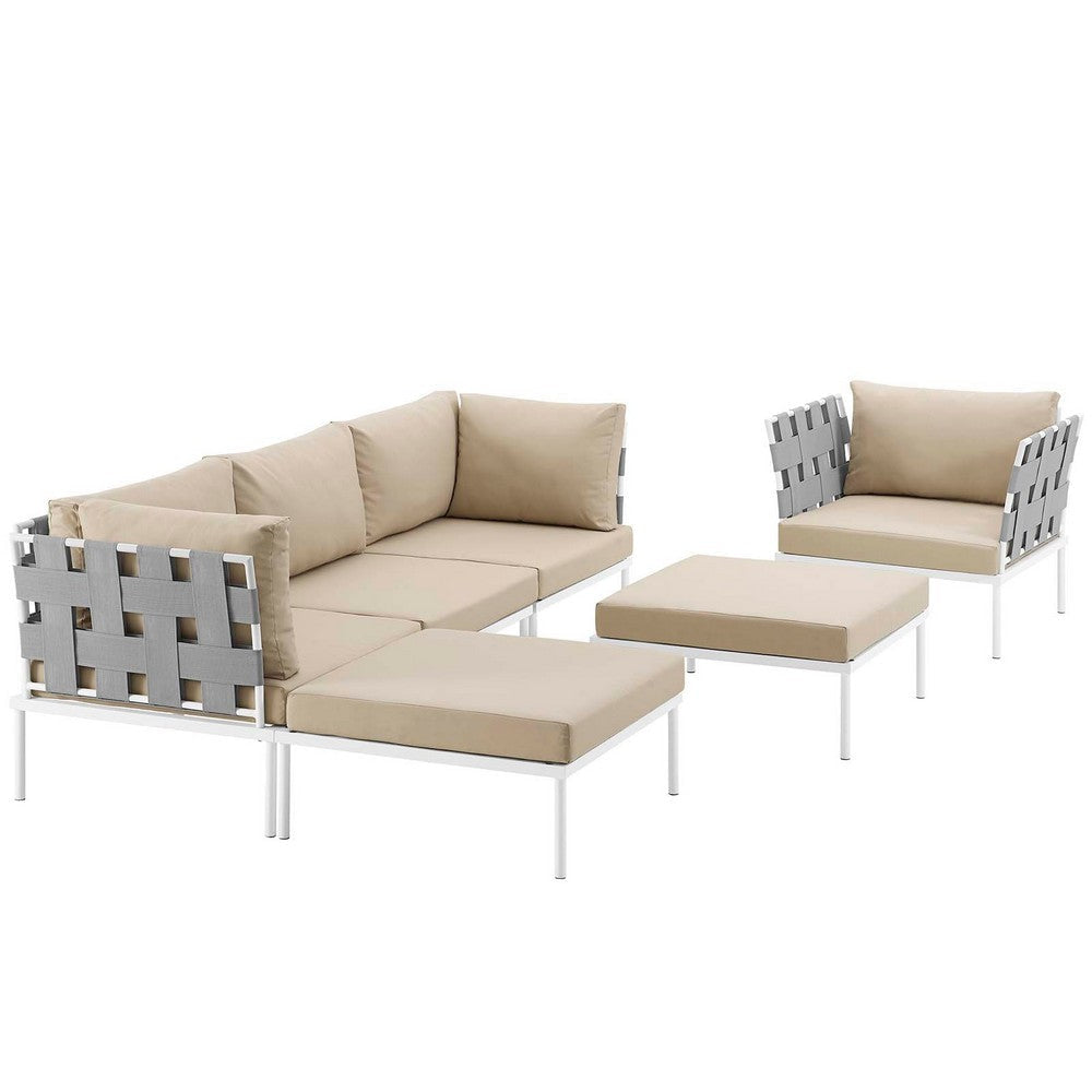 Modway Harmony Aluminum Outdoor Patio Furniture 6-Piece Sectional Sofa Set in White Beige