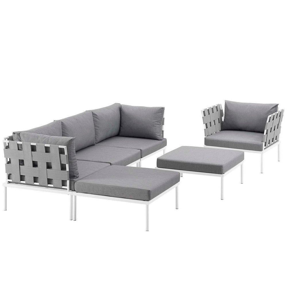 Modway Harmony Aluminum Outdoor Patio Furniture 6-Piece Sectional Sofa Set in White Gray