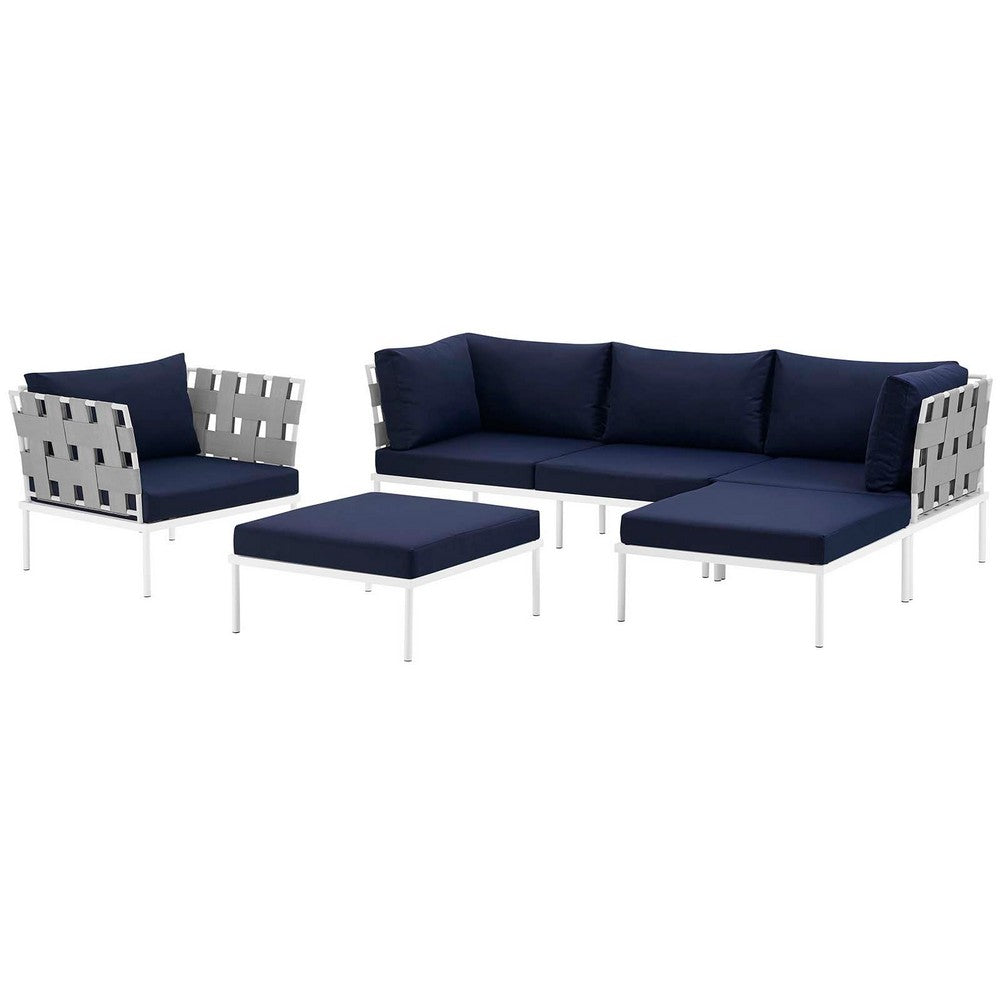 Harmony 6 Piece Outdoor Patio Aluminum Sectional Sofa Set by Modway| White Navy