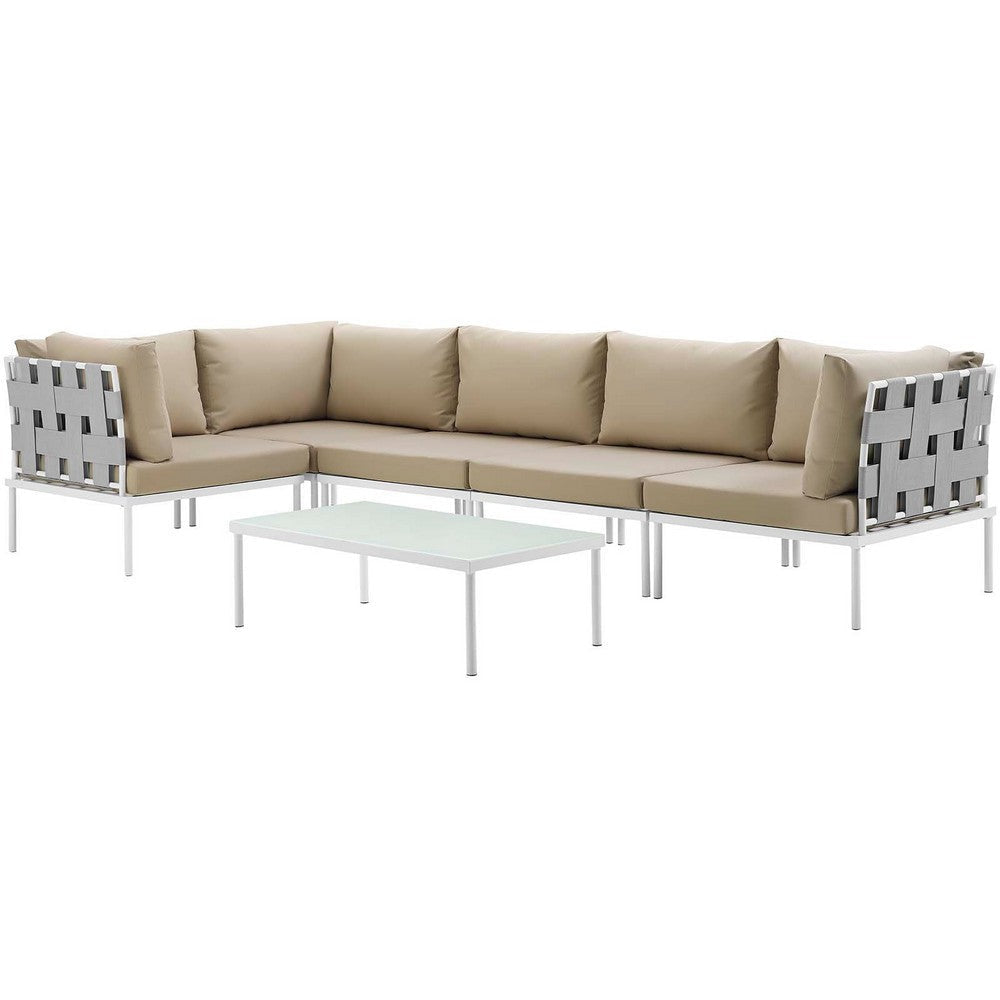 Modway Harmony 6-Piece Aluminum Outdoor Patio Furniture Sectional Sofa Set with Cushions in White Beige MDY-EEI-2627-WHI-BEI-SET