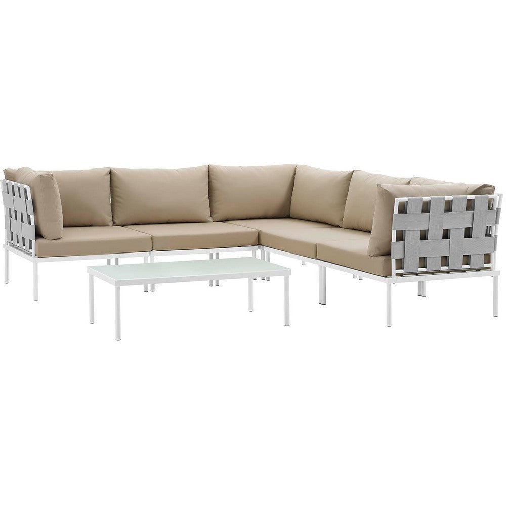 Modway Harmony 6-Piece Aluminum Outdoor Patio Furniture Sectional Sofa Set with Cushions in White Beige