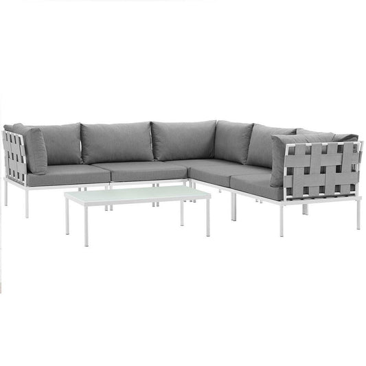 Modway Harmony 6-Piece Aluminum Outdoor Patio Furniture Sectional Sofa Set with Cushions in White Gray