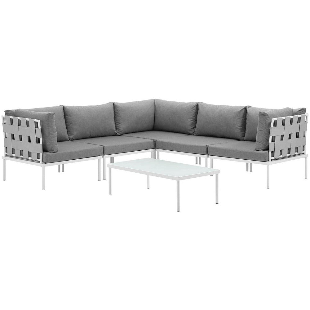 Modway Harmony 6-Piece Aluminum Outdoor Patio Furniture Sectional Sofa Set with Cushions in White Gray MDY-EEI-2627-WHI-GRY-SET