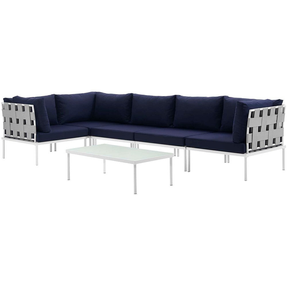 Modway Harmony 6-Piece Aluminum Outdoor Patio Furniture Sectional Sofa Set with Cushions in White Navy MDY-EEI-2627-WHI-NAV-SET