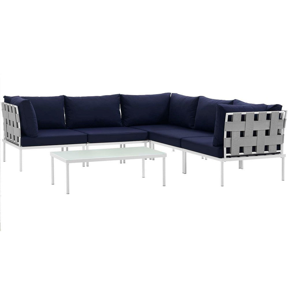 Modway Harmony 6-Piece Aluminum Outdoor Patio Furniture Sectional Sofa Set with Cushions in White Navy