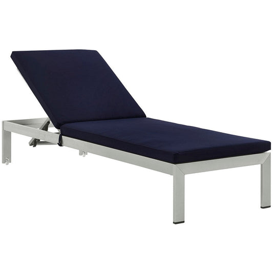 Shore Outdoor Patio Aluminum Chaise with Cushions, Silver Navy - No Shipping Charges