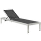 Modway Shore Aluminum Outdoor Patio Two Poolside Chaise Lounge Chairs with Cushions and Side End Table in Silver Beige