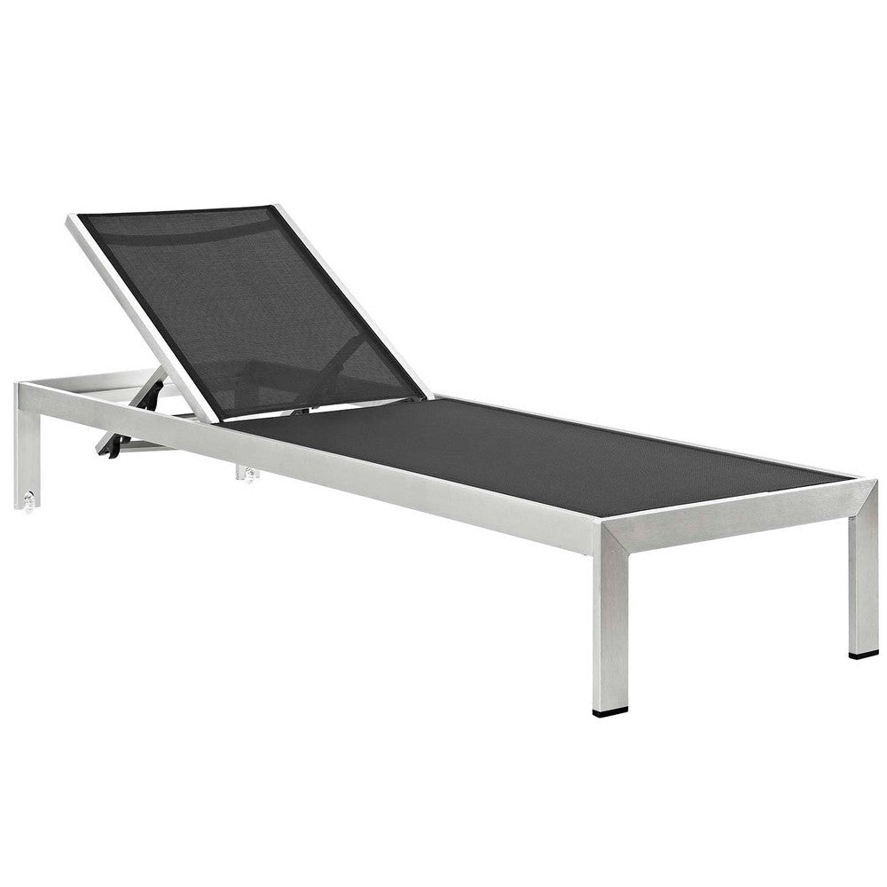 Modway Shore Aluminum Outdoor Patio Two Poolside Chaise Lounge Chairs with Cushions and Side End Table in Silver Gray