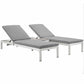 Modway Shore Aluminum Outdoor Patio Two Poolside Chaise Lounge Chairs with Cushions and Side End Table in Silver Gray