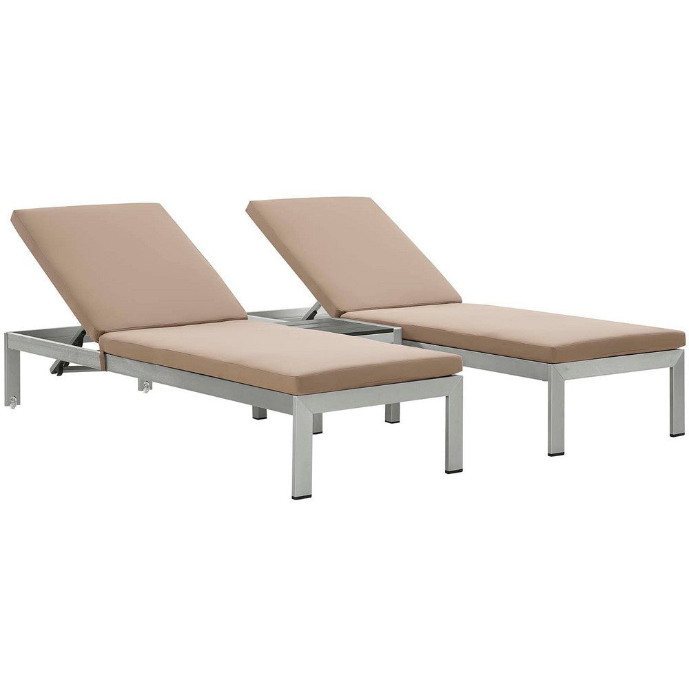 Modway Shore Aluminum Outdoor Patio Two Poolside Chaise Lounge Chairs with Cushions and Side End Table in Silver Mocha