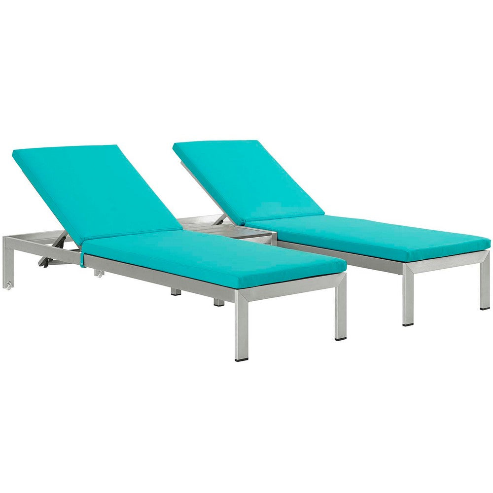 Shore 3 Piece Outdoor Patio Aluminum Chaise with Cushions by Modway| Silver Turquoise