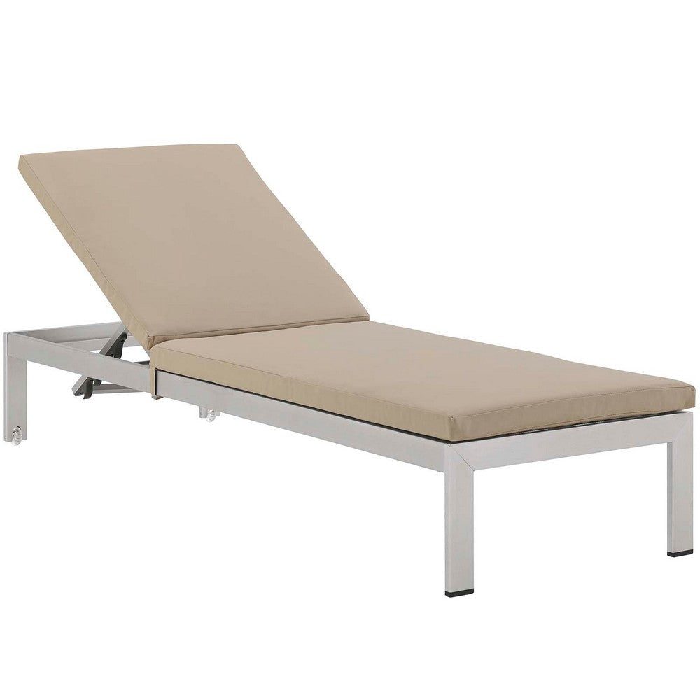 Modway Shore Aluminum Outdoor Patio Two Chaise Lounge Chairs with Cushions in Silver Beige MDY-EEI-2737-SLV-BEI-SET