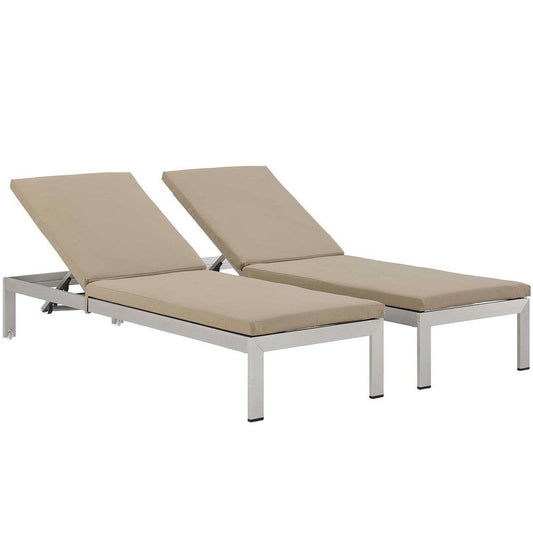 Modway Shore Aluminum Outdoor Patio Two Chaise Lounge Chairs with Cushions in Silver Beige