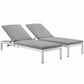 Modway Shore Aluminum Outdoor Patio Two Chaise Lounge Chairs with Cushions in Silver Gray