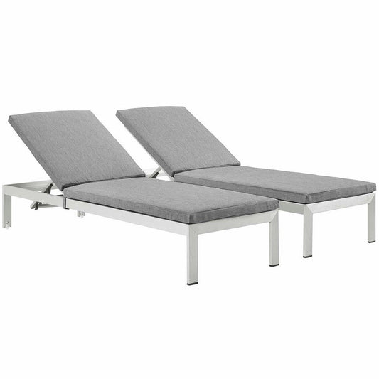 Modway Shore Aluminum Outdoor Patio Two Chaise Lounge Chairs with Cushions in Silver Gray